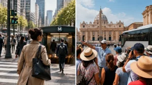 A comparison of everyday travel in a city and tourists participating in a guided sightseeing tour.